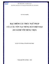 Luận văn Đặc điểm cấu trúc ngữ pháp câu tồn tại tiếng hán hiện đại (so sánh với tiếng việt)