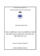 Luận văn Nâng cao hiệu quả công tác kiểm tra, thanh tra thuế tại Cục thuế nước cộng hòa dân chủ nhân dân Lào